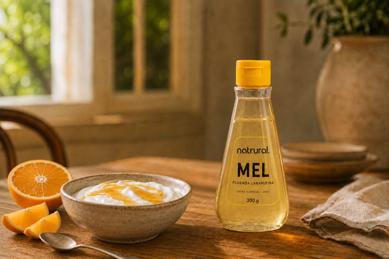 Frasco de 300 g de mel natrural da florada Laranjeira servido com iogurte e laranja