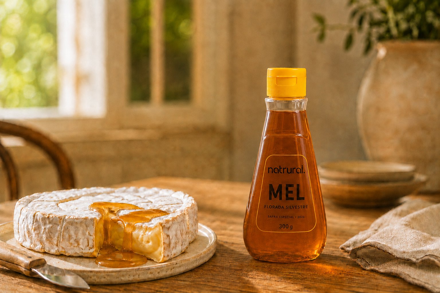 Frasco de 300 g de mel natrural da florada Silvestre servido com queijo brie